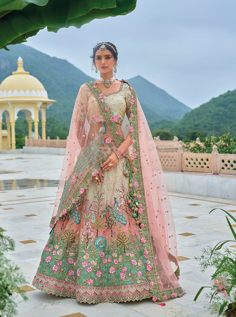 Multi colour silk blend lehenga choli with heavy sequin embroidery