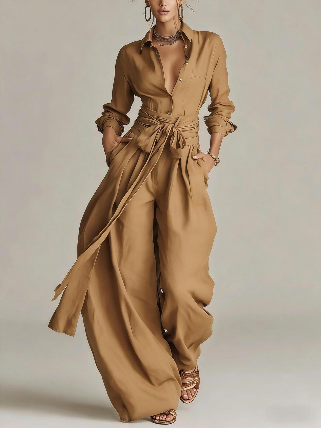 Women's Collared Long Sleeve Shirt and High-Waist Wide Leg Set - Image 9