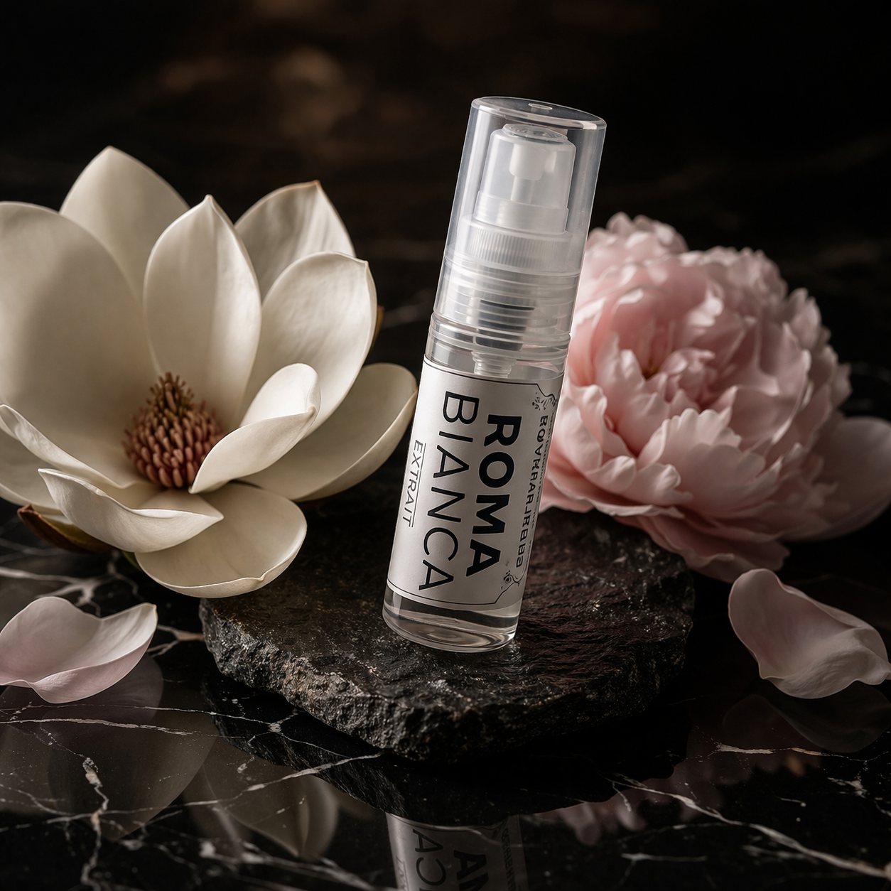 Roma Bianca 2mL sample vial featuring a minimalist white label against a dark marble backdrop