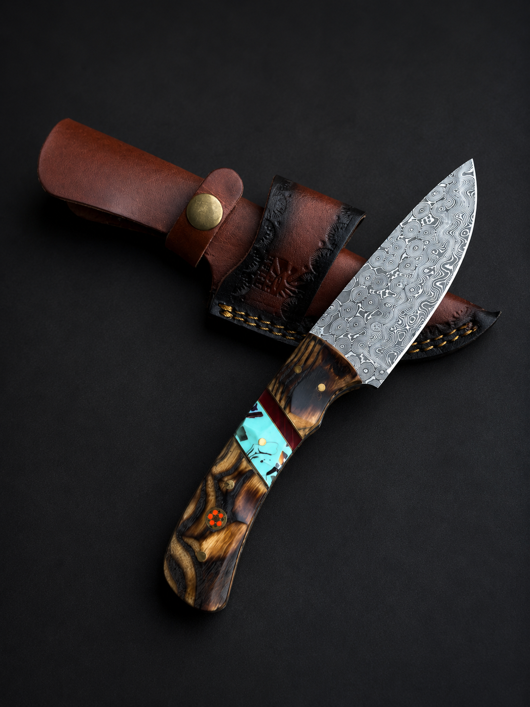 Copper Canyon Damascus Steel Hunter Knife with Turquoise Inlay