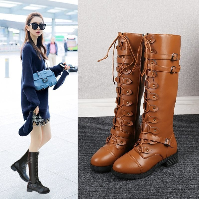 Women's Harajuku Style Knee-High Lace-Up Knight Boots - Image 5