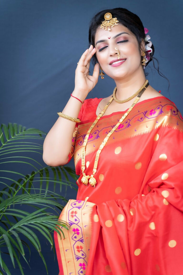 Red Paithani Silk Saree with Zari Woven Border and Blouse