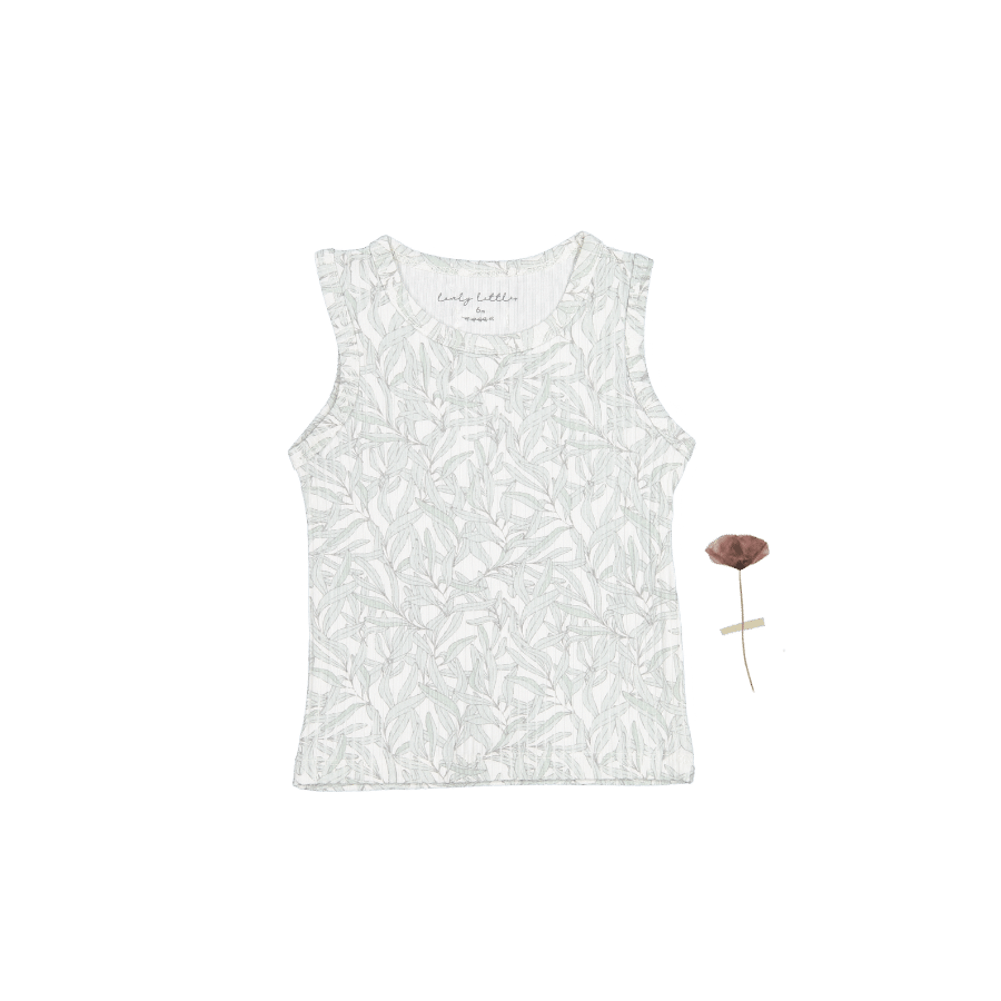 A flat-lay view of the Willa ribbed baby tank top featuring a soft green botanical leaf print against a clean background.