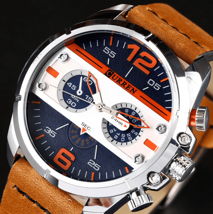 Men's retro-style waterproof watch with leather strap and chronograph stainless steel dial