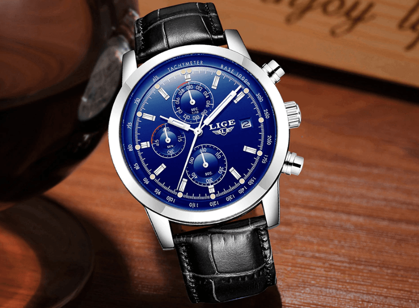 Waterproof Men's Quartz Watch with Chronometers and Brown Strap