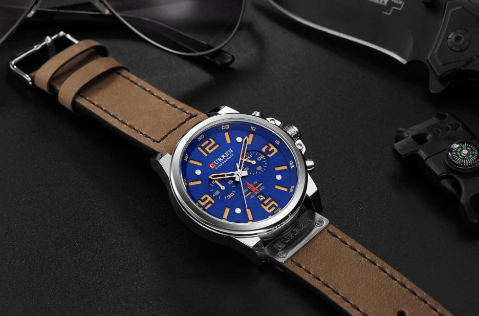Retro Waterproof Chronograph Watch with Leather Strap & Steel Case