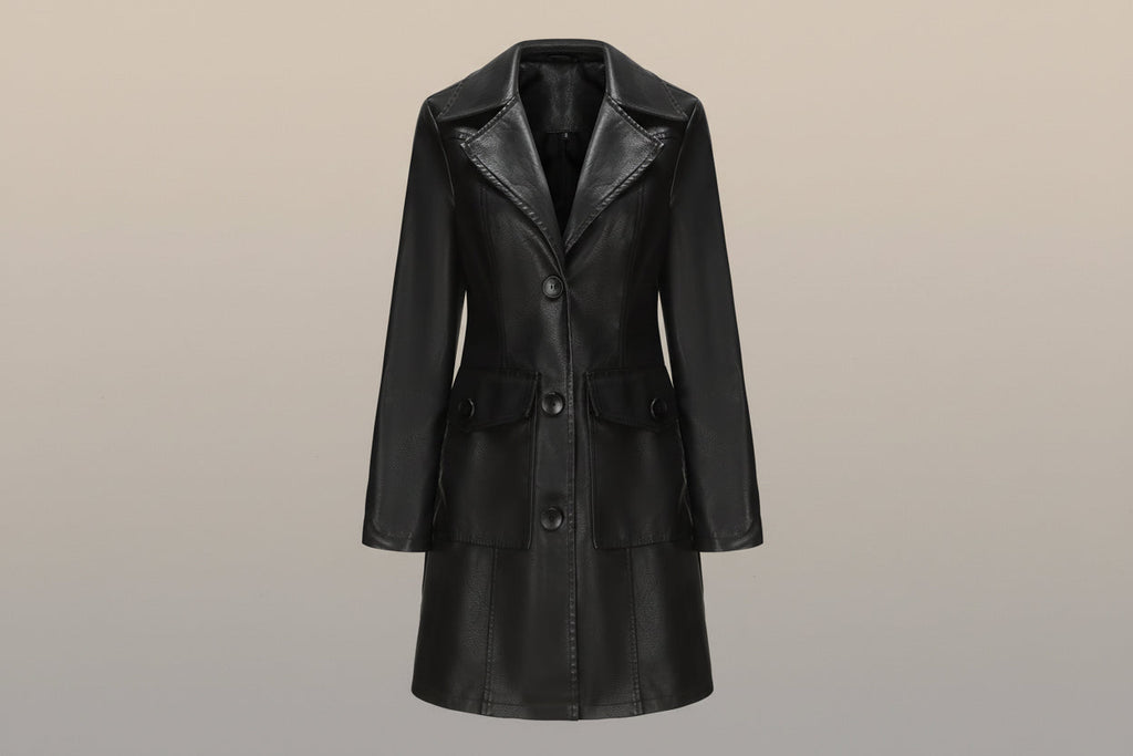 Women's Long Leather Trench Coat Button Front Outerwear