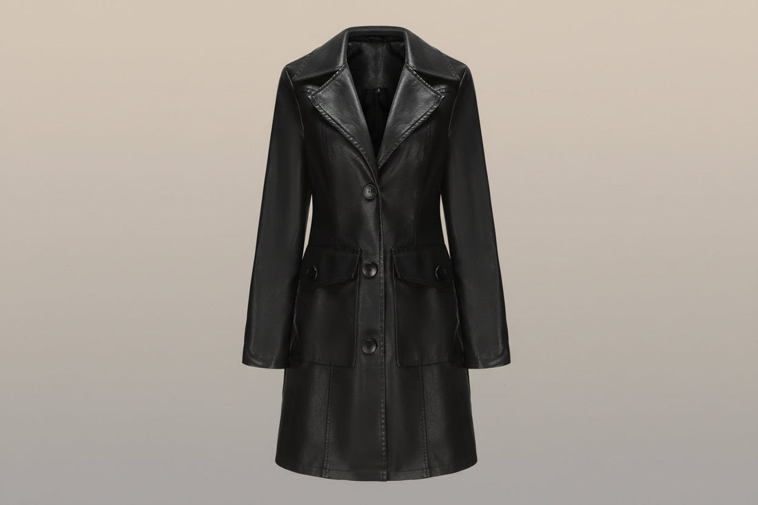 Women's Long Leather Trench Coat Button Front Outerwear