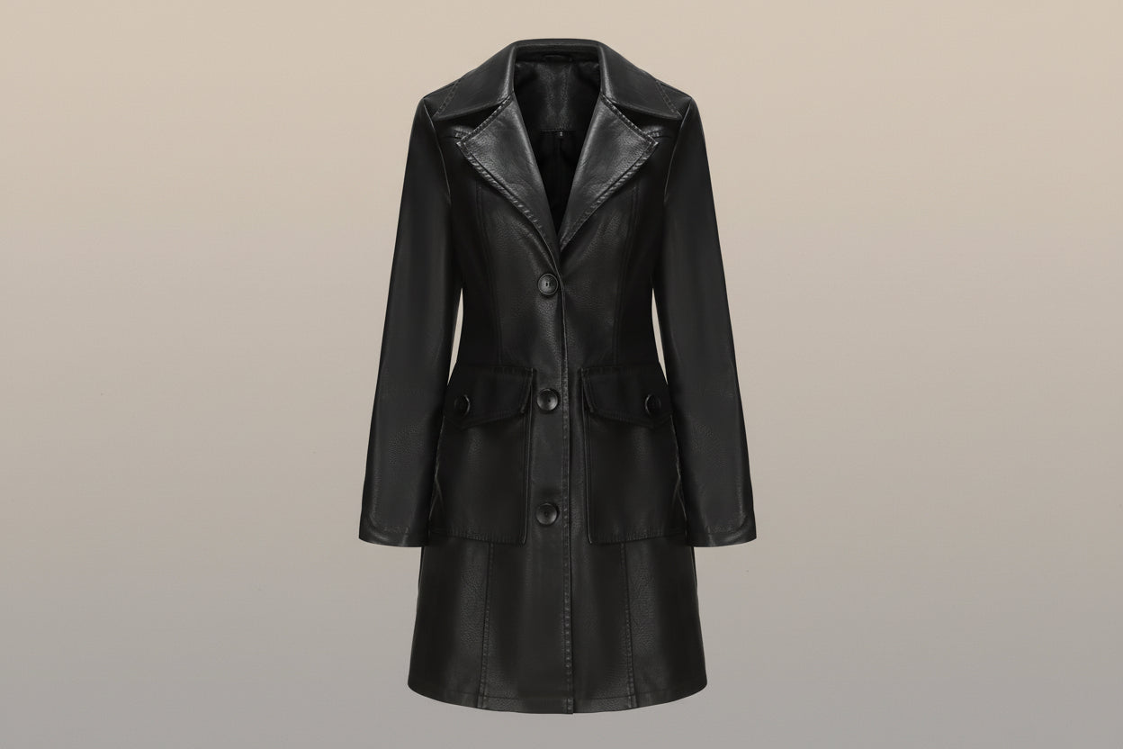 Women's Long Leather Trench Coat Button Front Outerwear