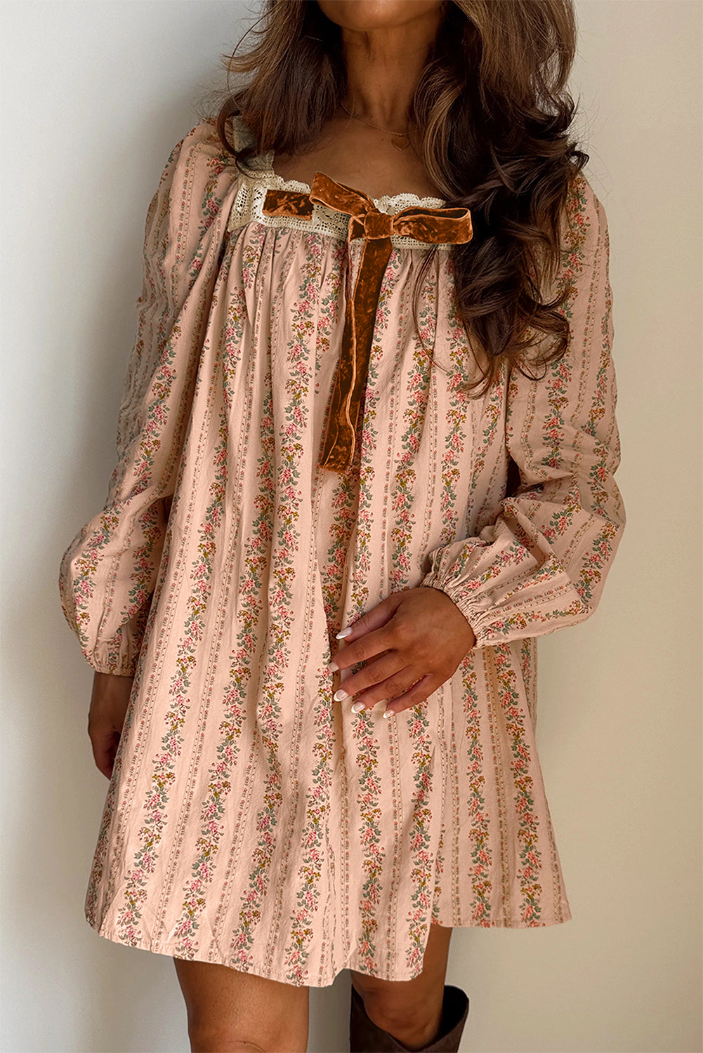 Khaki Floral Lace Velvet Bow Mini Dress | Long Sleeve Loose Fit