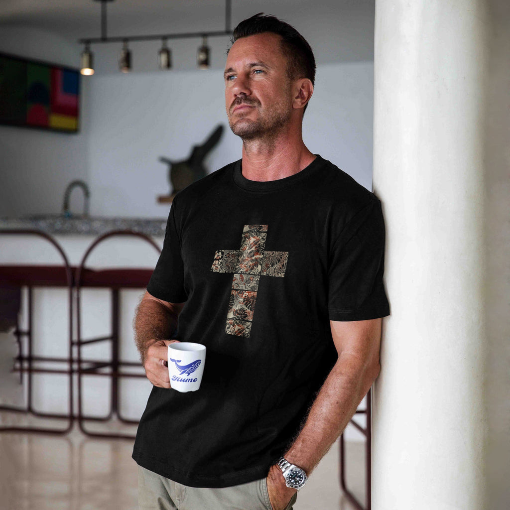 Men's black crew neck t-shirt featuring a multi-colored tropical jungle floral pattern.