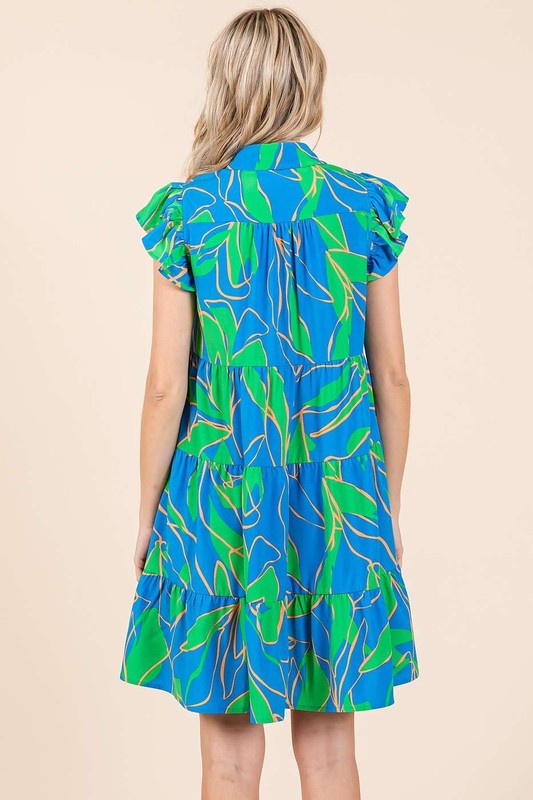 Leaf Print Ruffle Sleeve Tiered Mini Dress