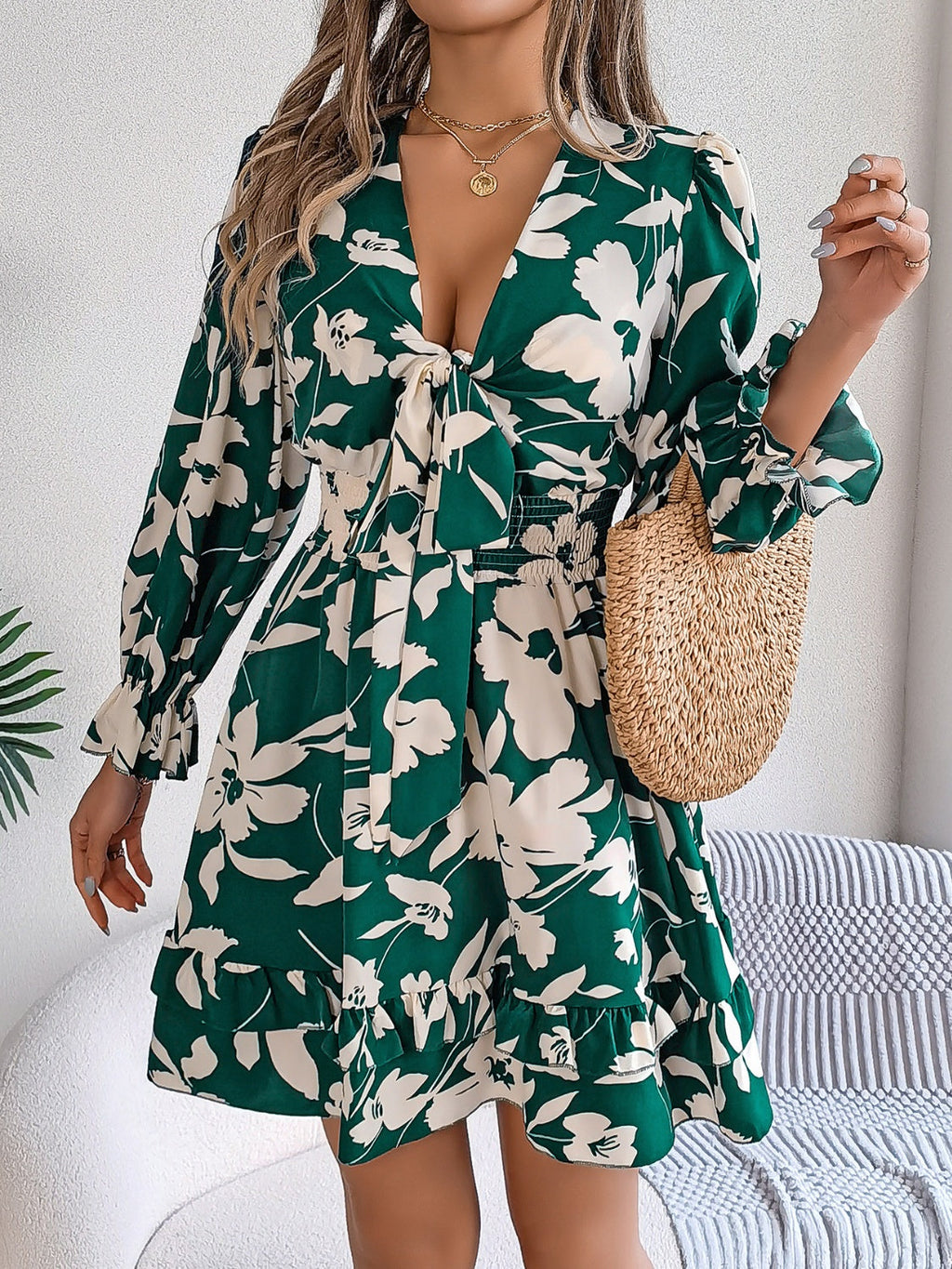 Floral Ruffled Long Sleeve Midi Dress in Lilac Maroon Green Cream