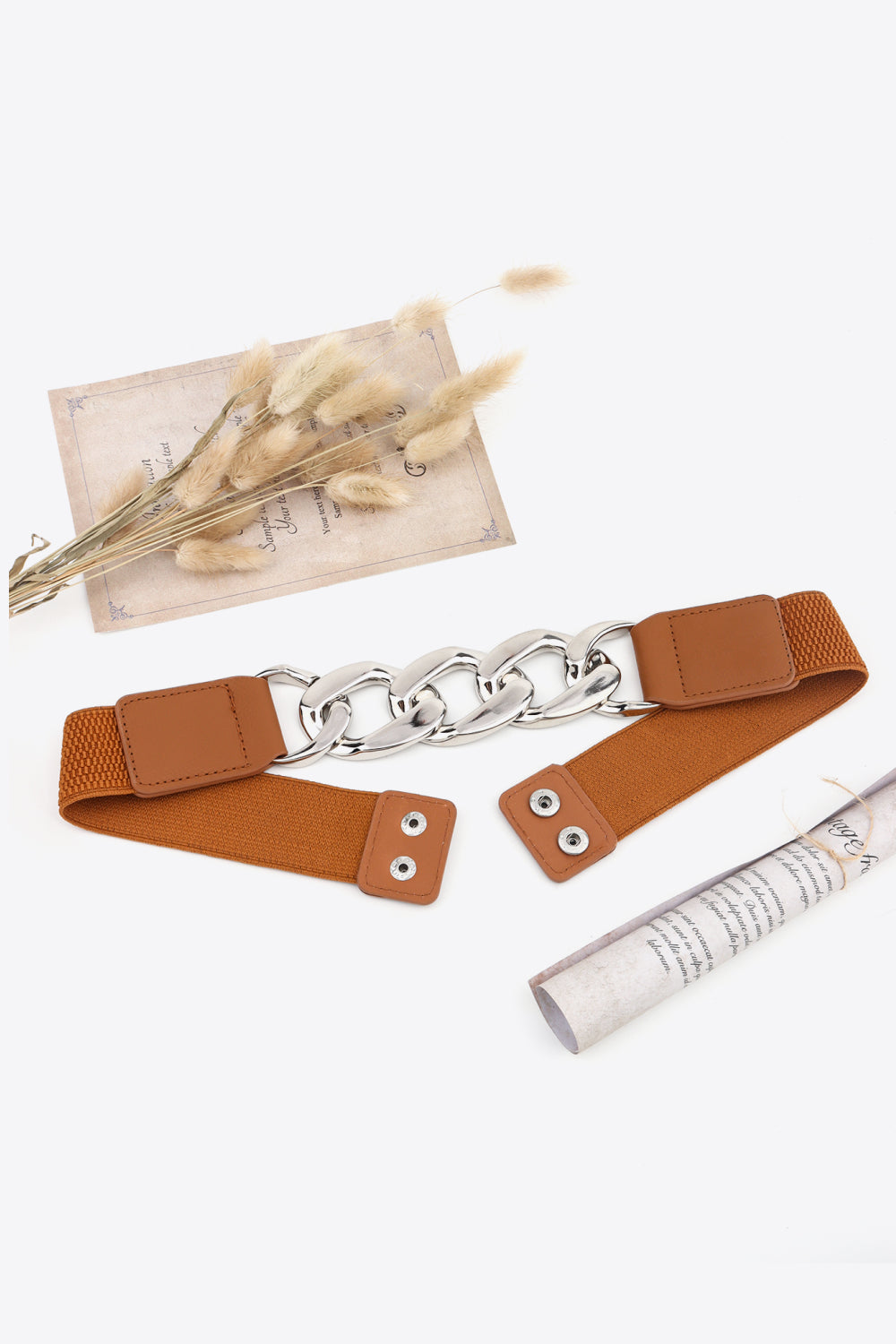 Chain Detail Elastic Belt with Alloy Buckle | PU Leather