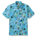 Blue short sleeve button-down Hawaiian shirt with ocean-inspired print