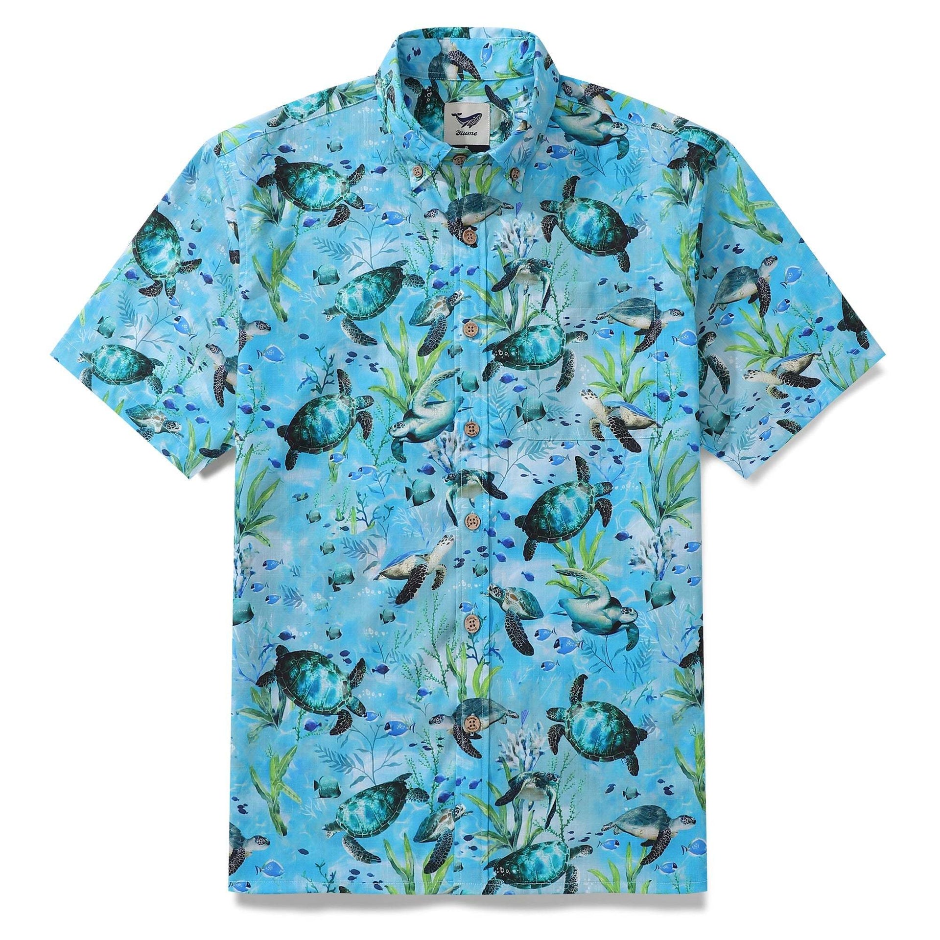 Blue short sleeve button-down Hawaiian shirt with ocean-inspired print