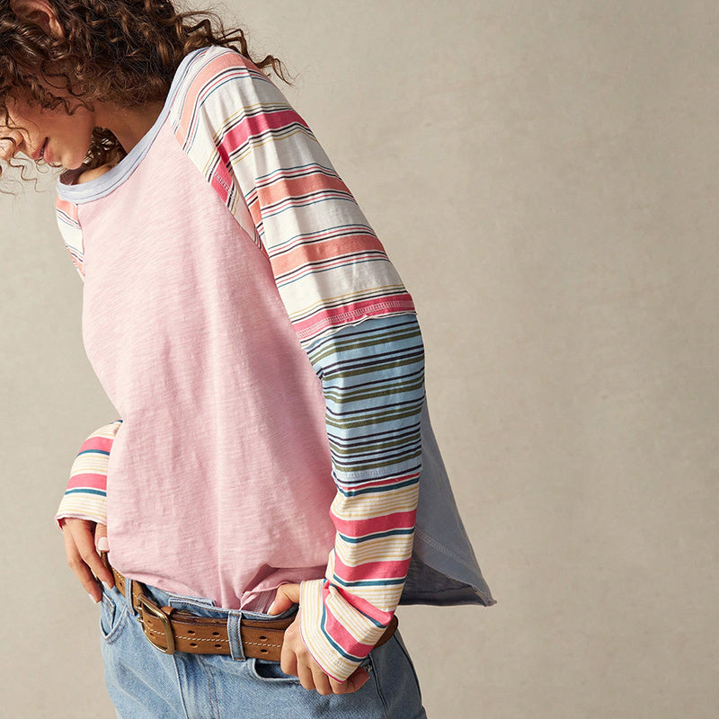 Women's Striped Patchwork Long Sleeve Round Neck Pullover Top - Image 5