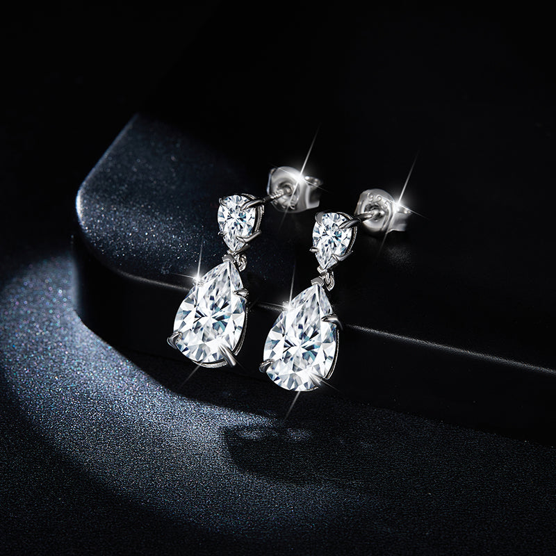 Pear Cut Moissanite Dangle Earrings with Double Stone Teardrop