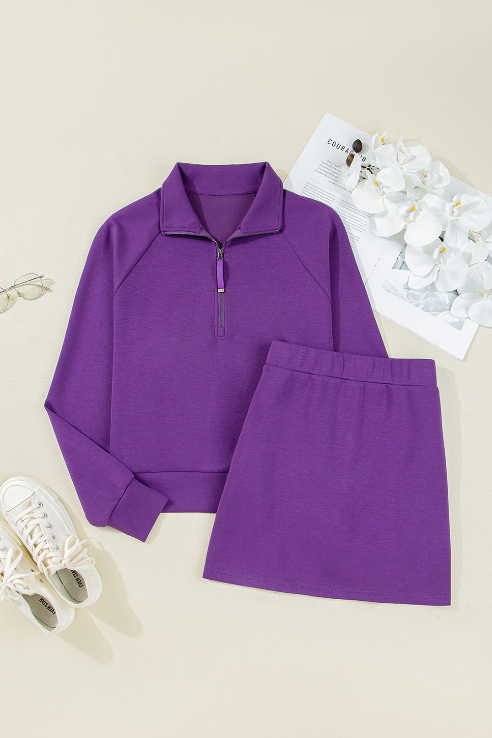 Solid Half Zip Pullover and Mini Skort Set