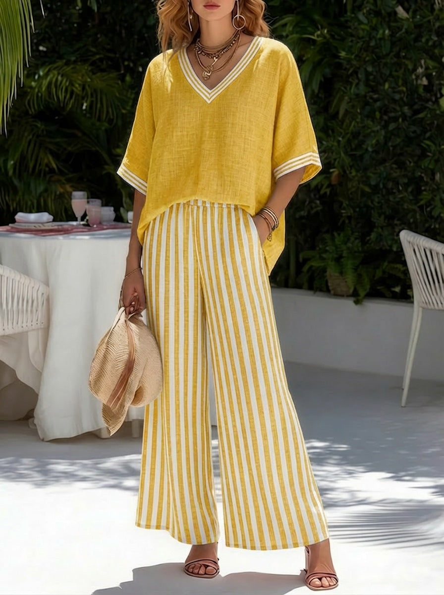 Women V-Neck Tunic Top and Wide Leg Striped Trouser Set - Image 12