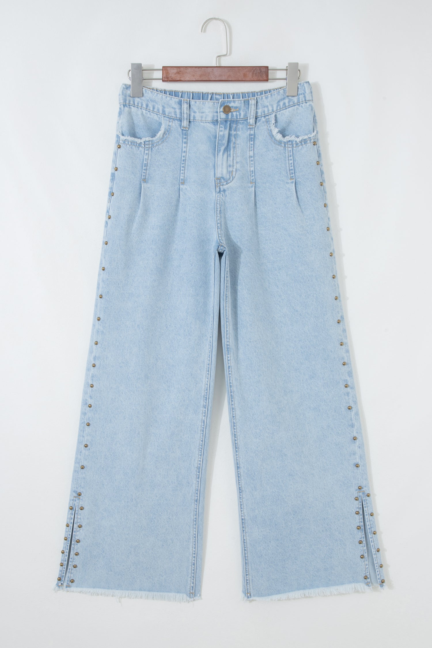 Beau Blue Studded Wide Leg Jeans with Side Slit & Frayed Hem
