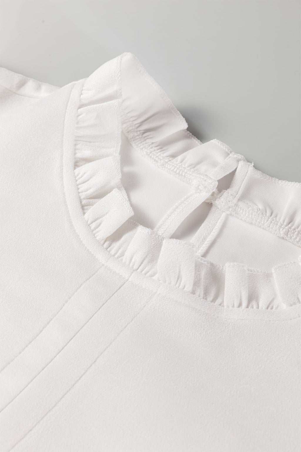 White Mini Shift Dress with Frilled Neck and Puff Sleeves - Image 9