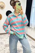 Colorblock Stripe Buttoned Collar Side Slit Top