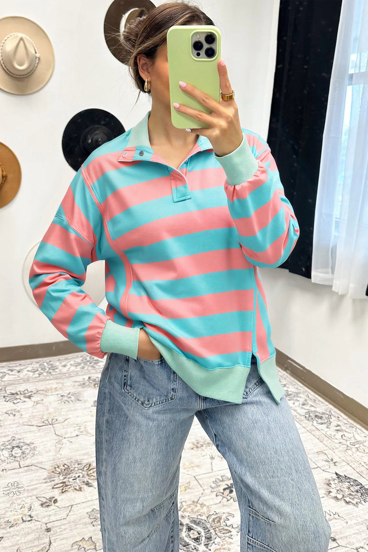 Colorblock Stripe Buttoned Collar Side Slit Top