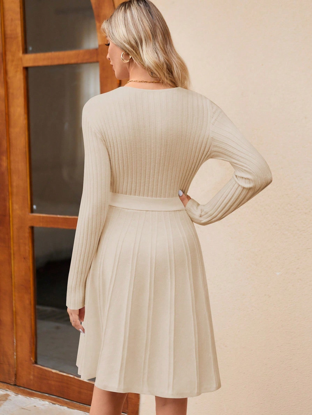 Women's Long Sleeve Ribbed Knit Wrap A-Line Mini Dress - Image 10