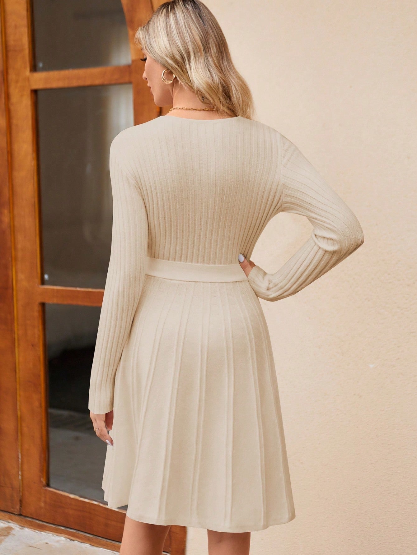 Women's Long Sleeve Ribbed Knit Wrap A-Line Mini Dress - Image 10