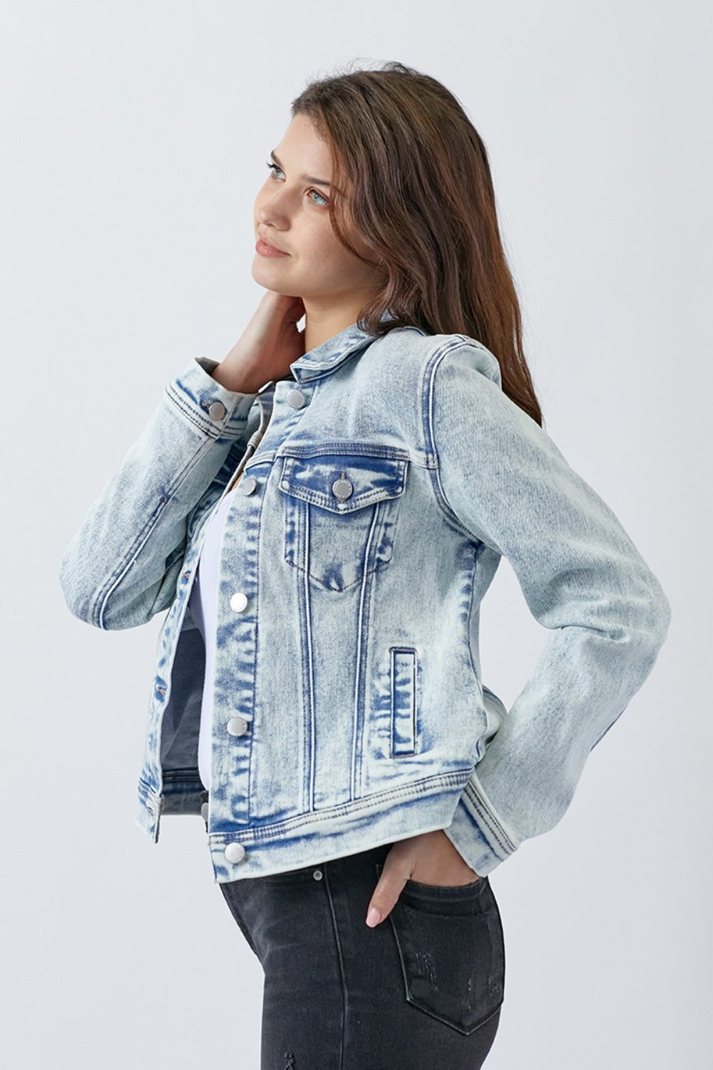 Women's Blue Washed Button Up Jacket with Pocket Detail