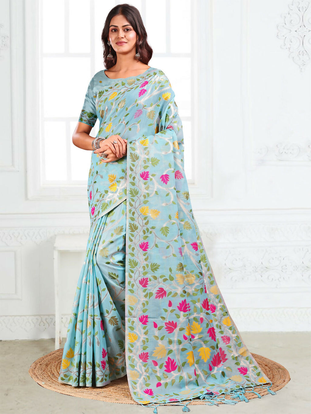 Sky Blue Linen Cotton Saree with Matching Blouse