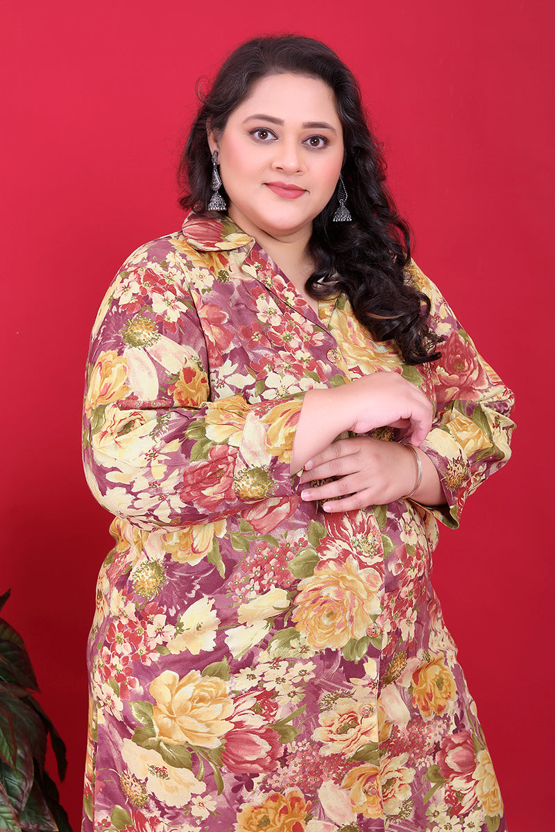 Multicolor Floral Print Co-Ord Set with Collared Button-Down Top