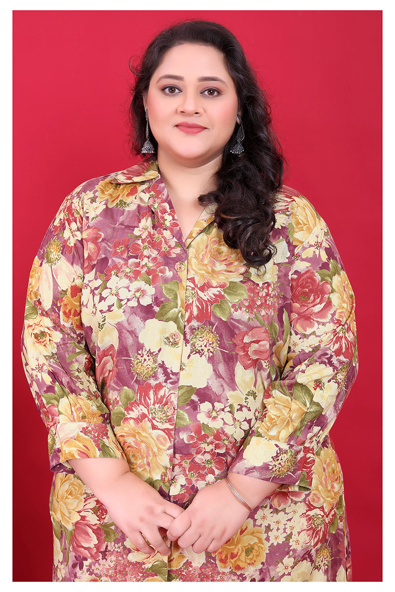 Multicolor Floral Print Co-Ord Set with Collared Button-Down Top