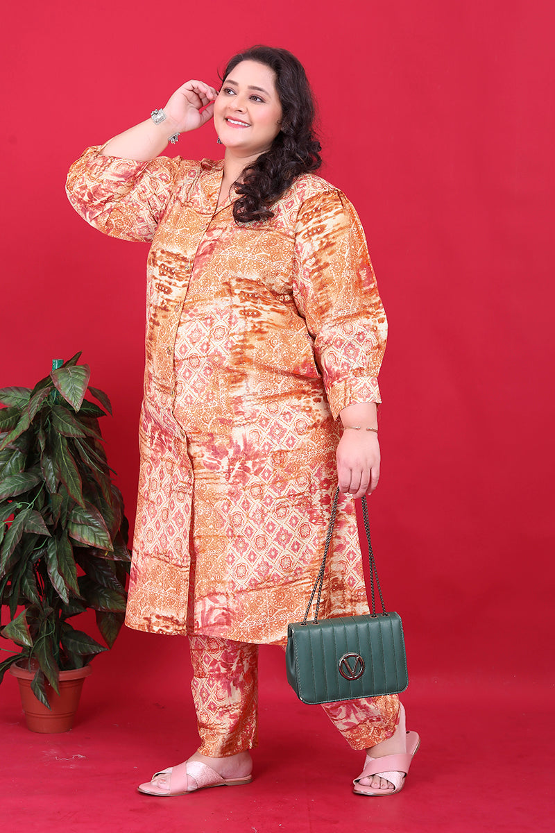 Orange Rayon Floral Print Classic Co-Ord Set for Women