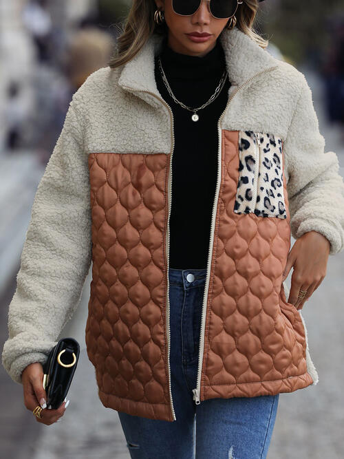 Women's cream, brown, and leopard print color block zip-up jacket with pockets