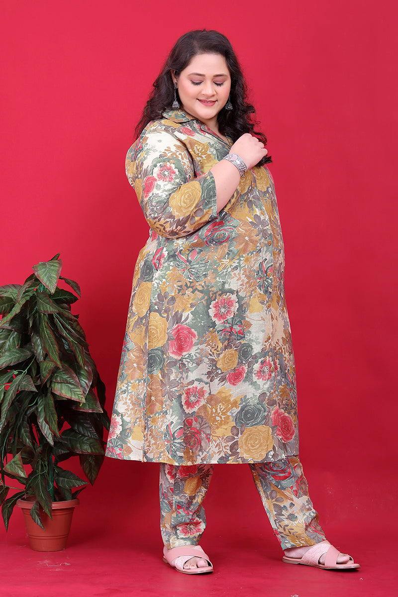 Multicolor Floral Print Rayon Co-Ord Set with Collared Neckline