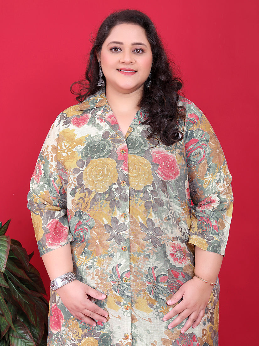 Multicolor Floral Print Rayon Co-Ord Set with Collared Neckline