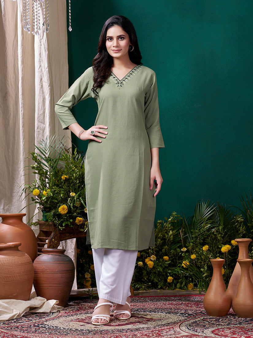 Sage Green Maaza cotton kurti with hand work and functional pockets