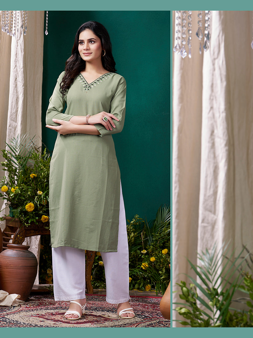 Sage Green Maaza Cotton Kurti with Hand Work and Pockets
