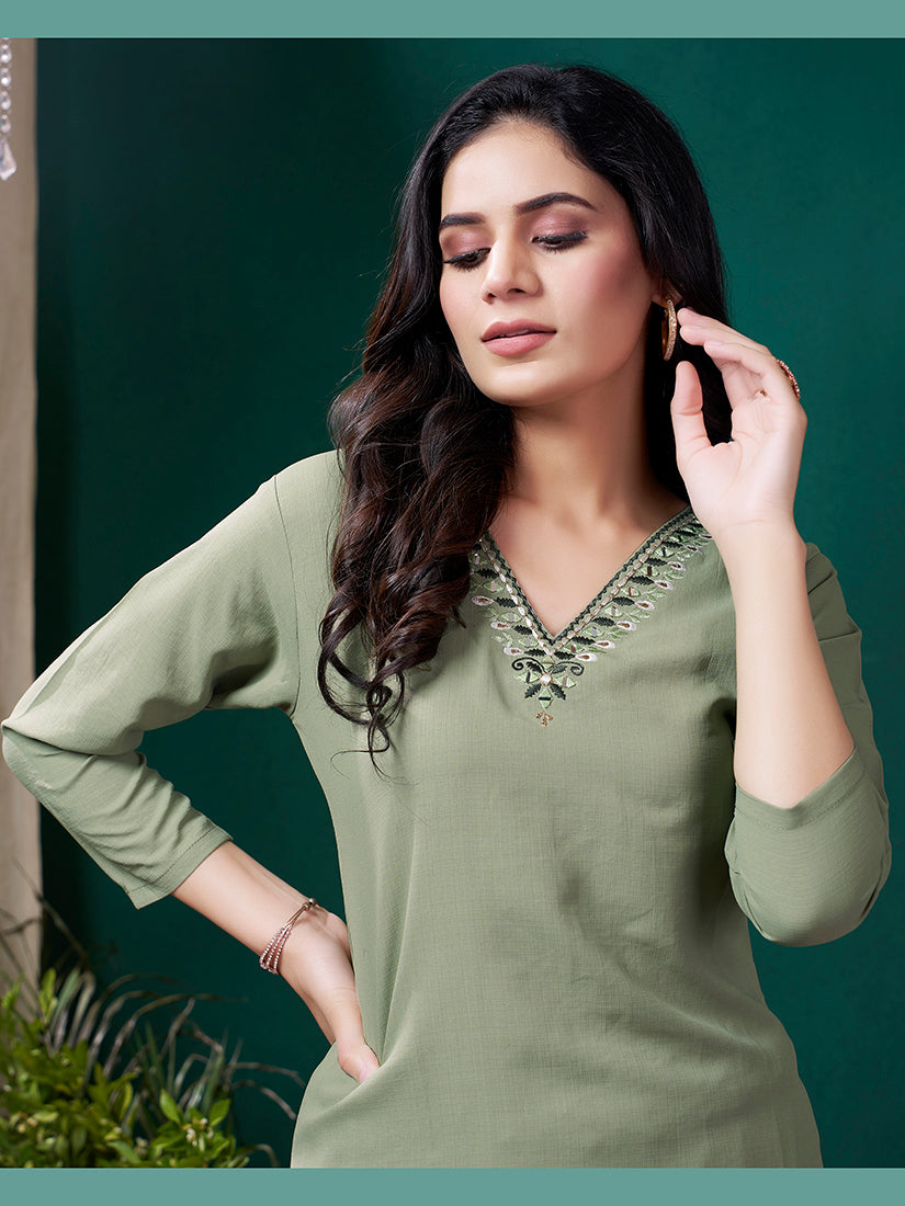 Sage Green Maaza Cotton Kurti with Hand Work and Pockets