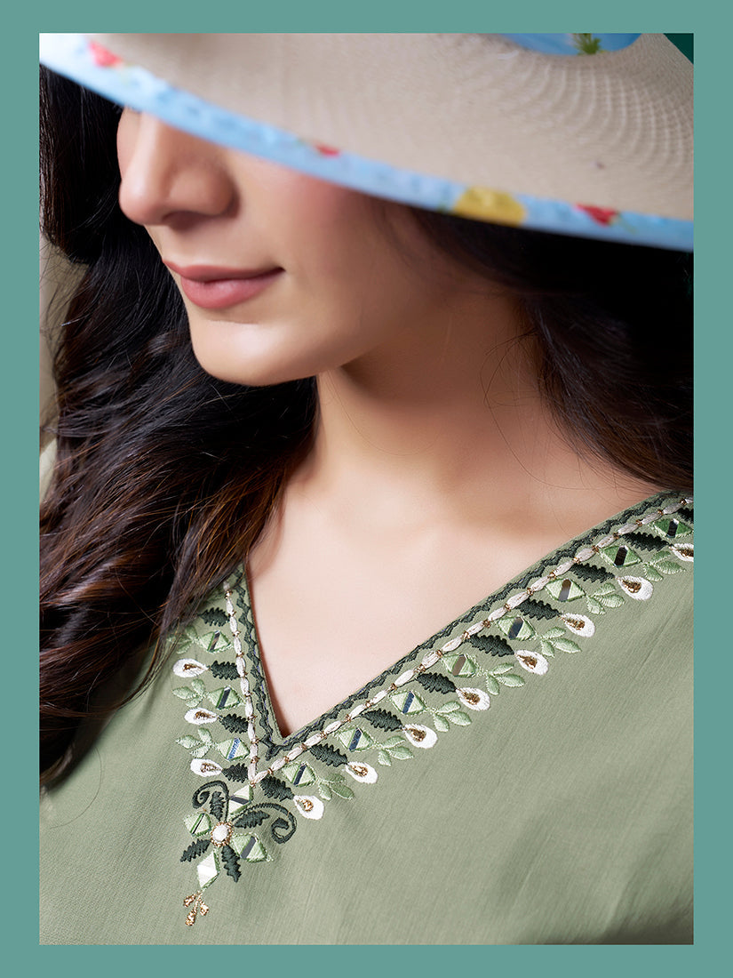 Sage Green Maaza Cotton Kurti with Hand Work and Pockets