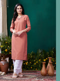 Peach Maaza cotton casual kurti with delicate handwork and functional pocket