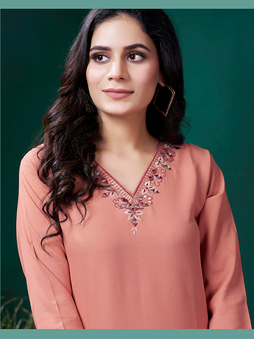 Peach Maaza Cotton Casual Kurti with Hand Work and Pocket