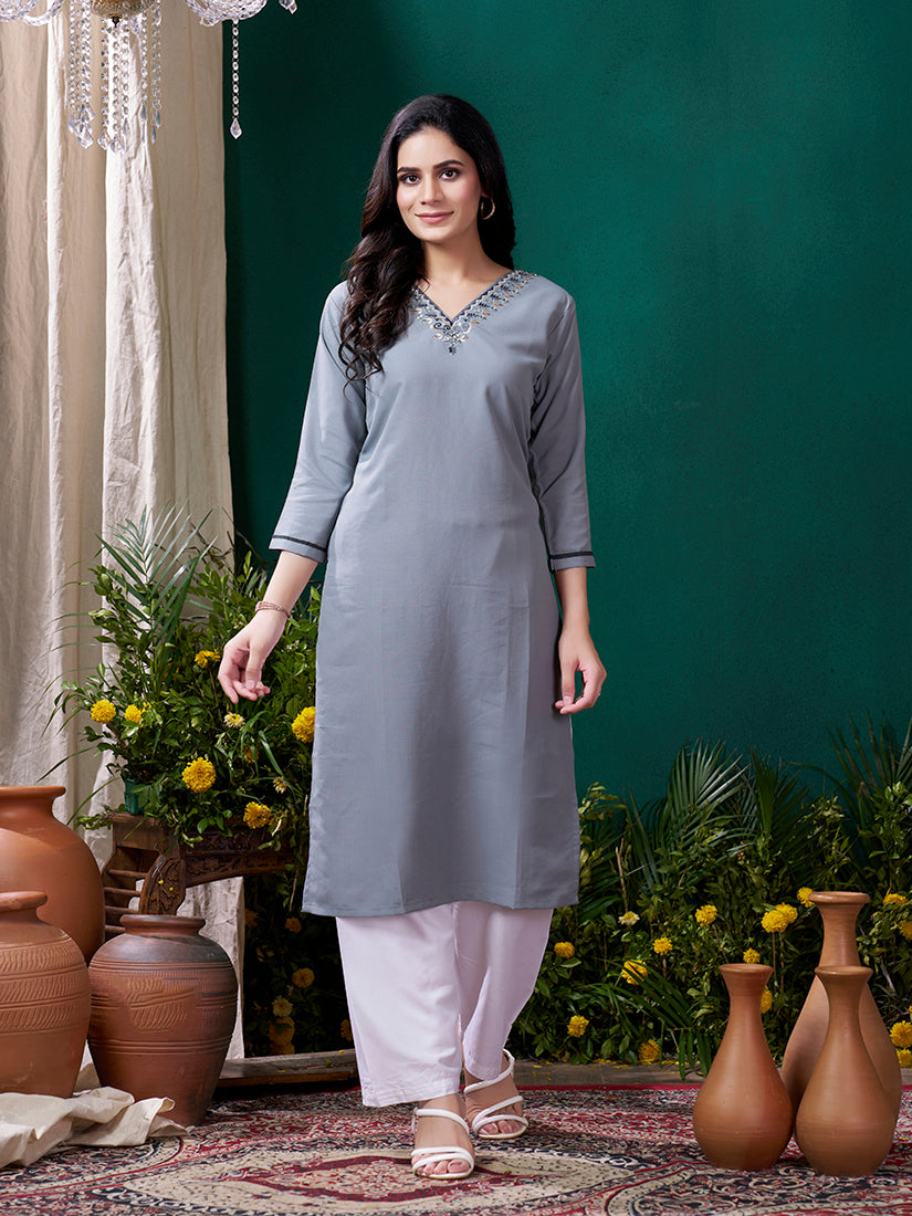 Monjolika Fashion Grey Maaza Cotton Kurti with intricate handwork and pocket detail