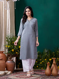 Monjolika Fashion Grey Maaza Cotton Kurti with intricate handwork and pocket detail