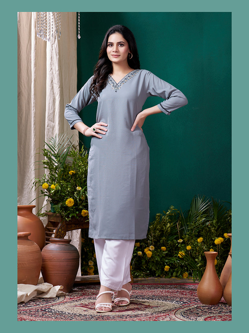 Grey Maaza Cotton Casual Kurti with Hand Work and Pocket