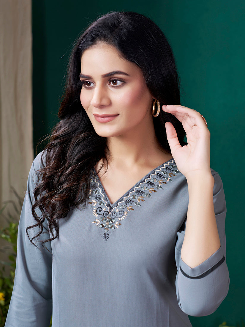 Grey Maaza Cotton Casual Kurti with Hand Work and Pocket
