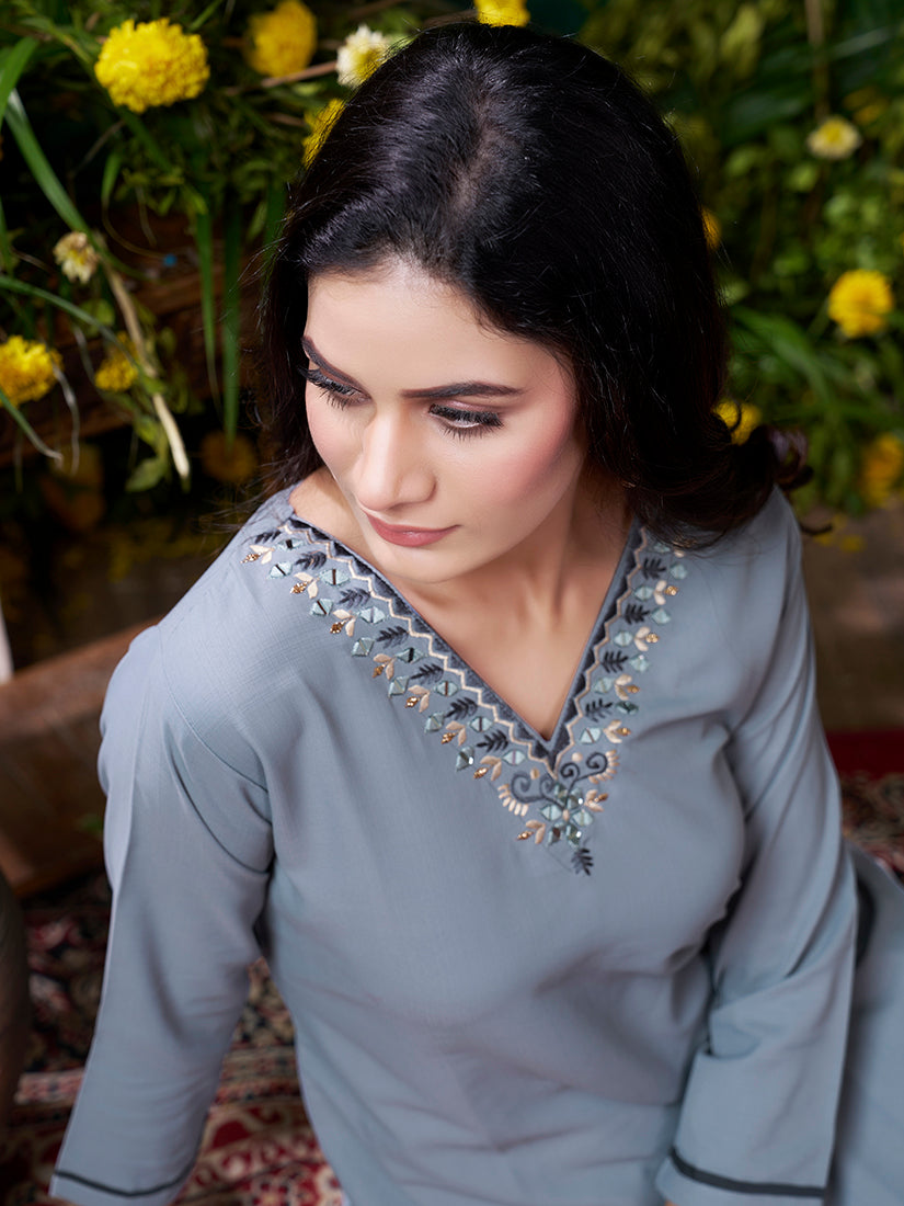 Grey Maaza Cotton Casual Kurti with Hand Work and Pocket