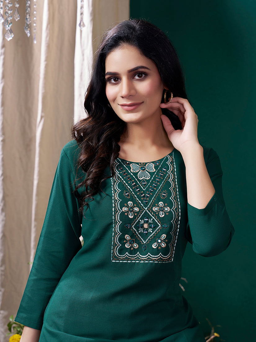 Monjolika Fashion Dark Green Maaza Cotton Hand Work With Pocket Casual Kurti